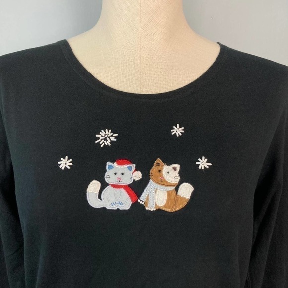 𝅺lemon Grass Studio Christmas Holiday Kitty Cat Long Sleeve T-Shirt Black Size S - Picture 2 of 12